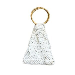 Banana Republic Women's Macrame Tote Bag White Crochet Bamboo Handle Summer Boho